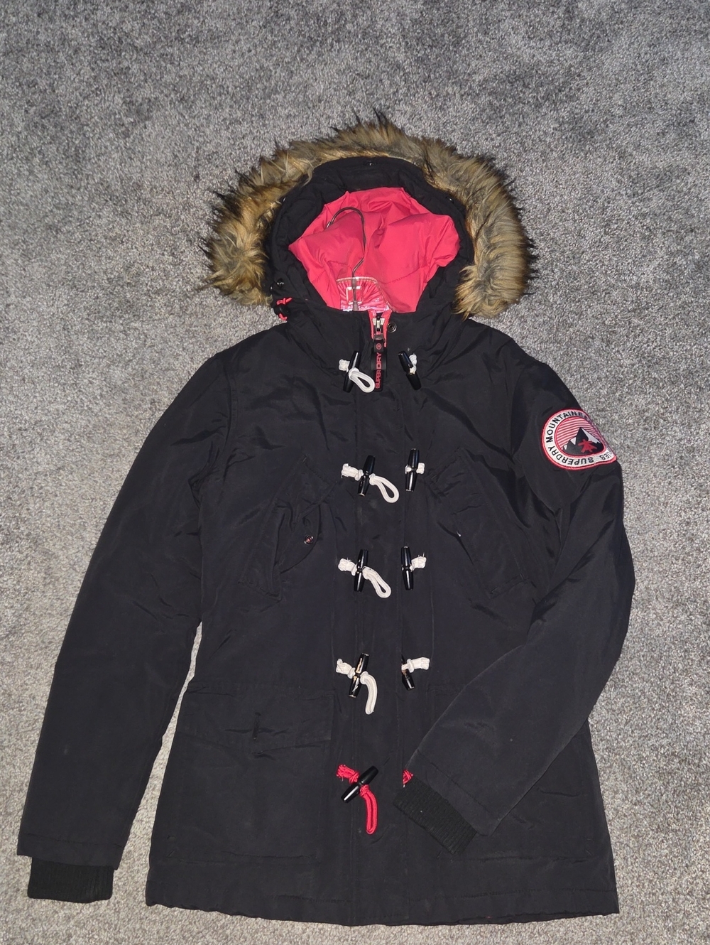 Superdry Black Hooded Puffer Coat with Pink Lining and Faux-Fur Trim